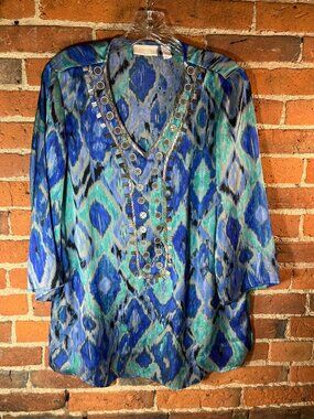 Chico's Sz 1 Blue Green Ikat Tunic Blouse Silver Beaded V-Neck Medium